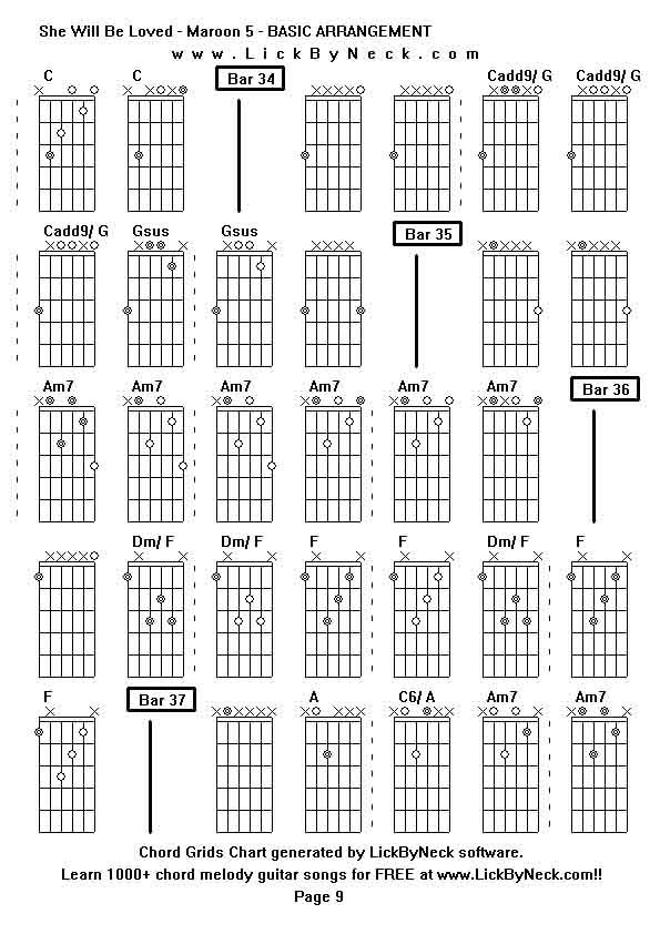 Chord Grids Chart of chord melody fingerstyle guitar song-She Will Be Loved - Maroon 5 - BASIC ARRANGEMENT,generated by LickByNeck software.